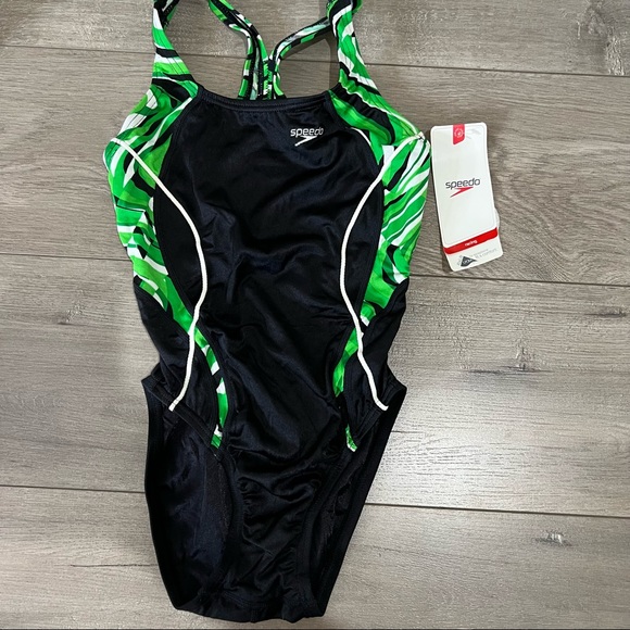 NWT Speedo Racing Swim One Piece Swimsuit Sz 26 Black/ Kelly Green - Picture 1 of 9